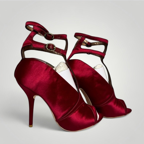 NEW LEON MAX PIKA SATIN & LEATHER WRAP PEEP TOE PUMPS in Bordeaux Size 7 NWOB - Picture 3 of 12